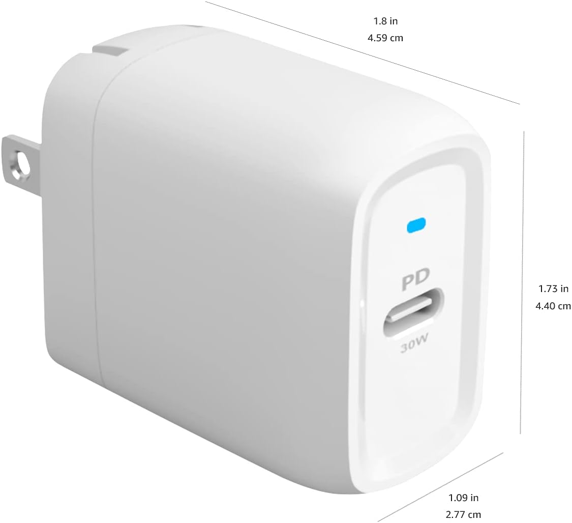 Amazon Basics 30W One-Port GaN USB-C Wall Charger with Power Delivery PD for Tablets & Phones (iPhone 16/15/14/13/12/11/X, iPad, Samsung, and More), Non-PPS, White