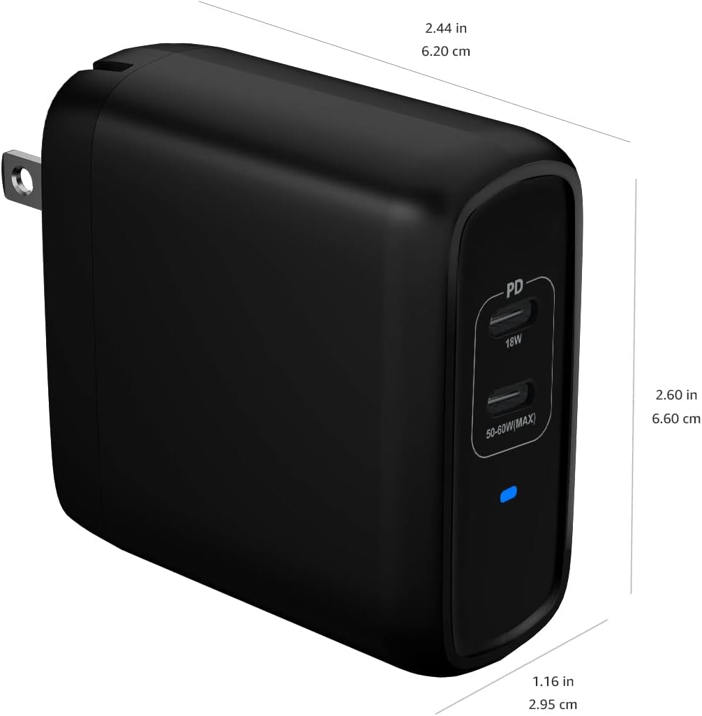Amazon Basics 68W Two-Port GaN Wall Charger with 2 USB-C Ports (60W, 18W) with PD for Laptops, Tablets & Phones (iPhone 16/15/14/13/12/11/X, iPad, MacPro, Samsung, and More), Non-PPS, Black