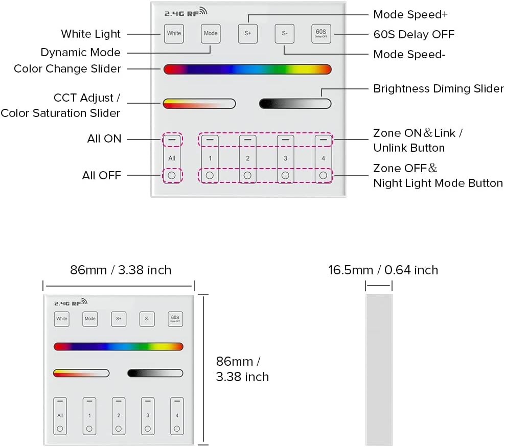 BTF-LIGHTING 4 Zones RGB RGBW RGBCCT Wireless 2.4G RF Wall Mounted Smart Panel Remote Powered by 2XAAA Batteries 3V Work with DR04W WB5 LM052 LM053 C03RF C04RF C05RF C03W C04W C05W Controller
