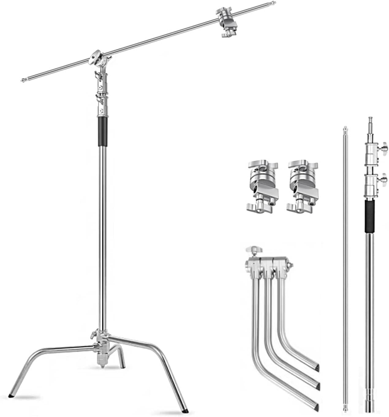 Heavy Duty C Stand with Boom Arm, Stainless Steel Heavy Duty Photography Light Stand, Adjustable Height 4.9ft-10.8ft, with 4.1ft Holding Arm, for Reflector, Umbrella, Softbox, Monolight