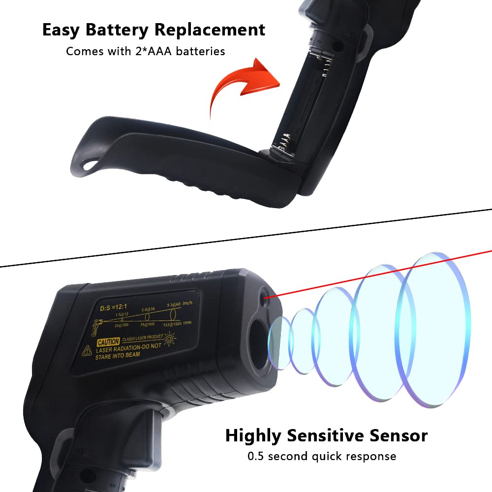 KETOTEK Infrared Thermometer Non Contact IR Digital Laser Temperature Gun -50℃~600℃ (-58℉~1112℉) Adjustable Emissivity Thermometer Gun for Cooking