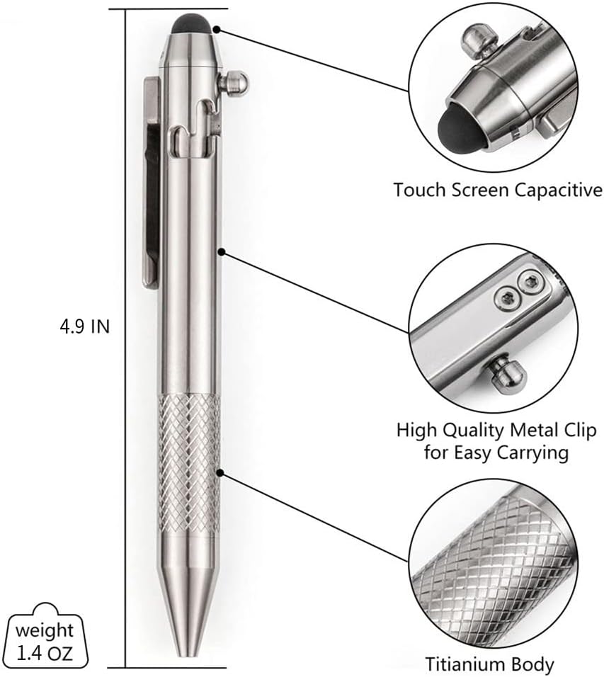 Cool Hand 4.9'' Titanium Bolt Action Pen Stylus for Touch Screen, Ballpoint Ink Refillable, Compact Size, Skelton Out Deep Pocket Clip for Easy Carring