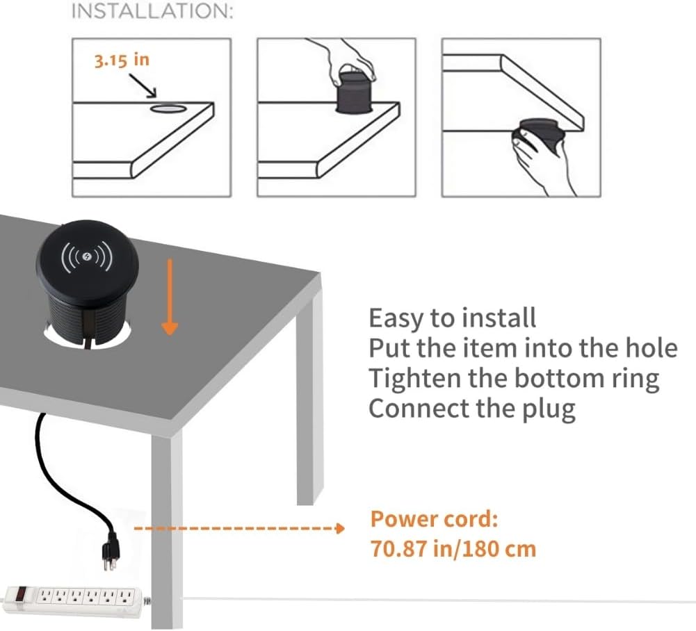 ZESHAN Desk Power Grommet Desktop Power Outlet Sofa Table Outlet with Wireless Charger, USB A, USB C Fast Charging Ports and 2 US Plugs 1.8M Power Cord for Conference Table Desk Furniture, Black