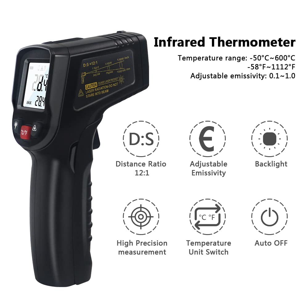 KETOTEK Infrared Thermometer Non Contact IR Digital Laser Temperature Gun -50℃~600℃ (-58℉~1112℉) Adjustable Emissivity Thermometer Gun for Cooking