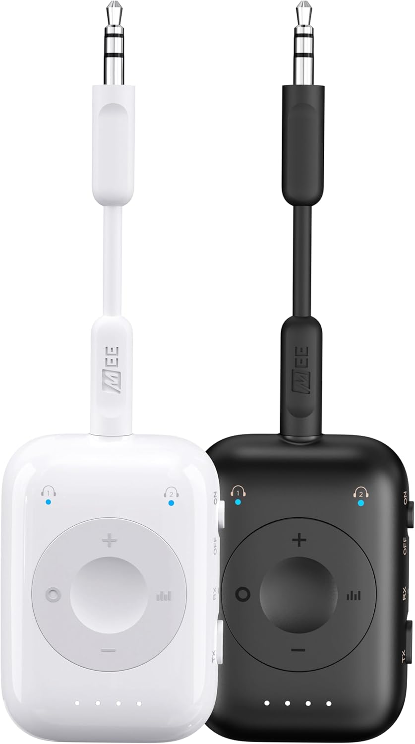 MEE audio Connect Air Pro (2 PACK) Bluetooth Wireless Audio Transmitter & Receiver for AirPods or Bluetooth Headphones, 2-in-1 Adapter with Detachable Cable for 3.5mm devices on Airplanes, Black&White