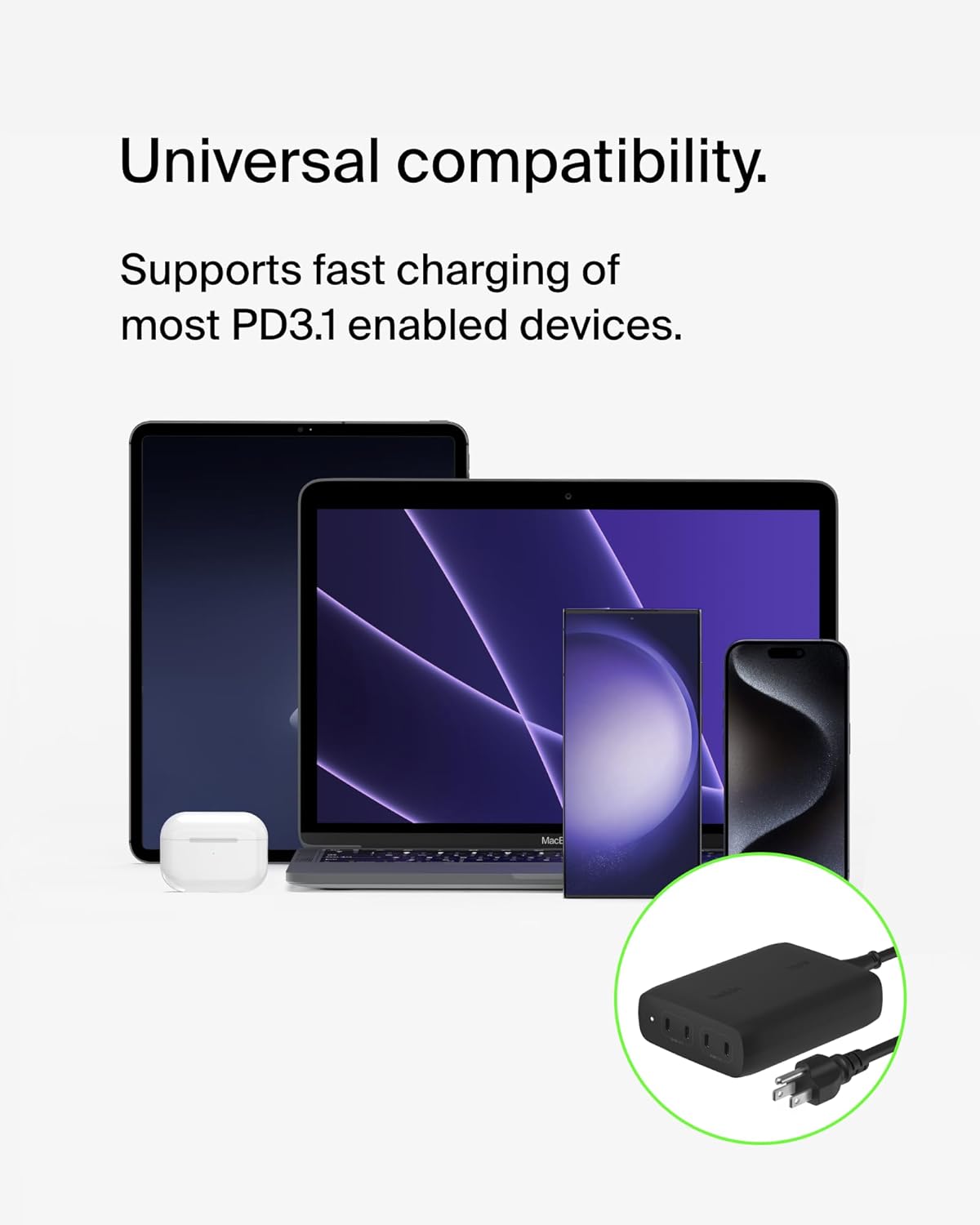 Belkin 4-Port USB C Charger Block, 200W GaN Multi-Port Charger USB-C PD 3.1 Fast Charge + 5ft Power Cord - MacBook, iPhone 16, iPad, Galaxy S25, Google Pixel, Nintendo Switch 2 - Black