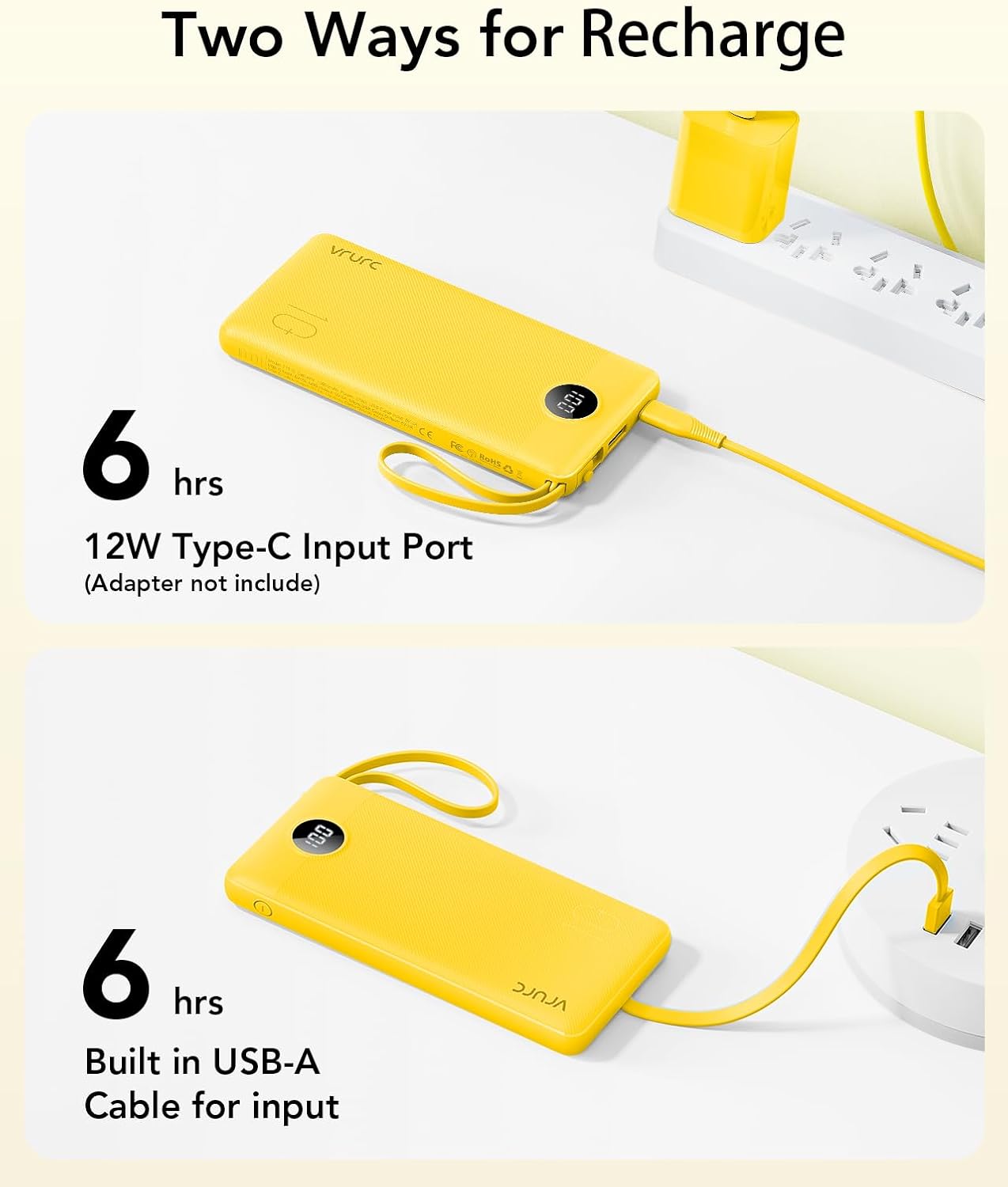 VRURC Portable Charger with Built-in Cables, 10000mAh LED Display USB C Power Bank, Slim Travel Battery Pack with 5 Output 2 Input Compatible with iPhone,Samsung,Android etc-Yellow(1 Pack)