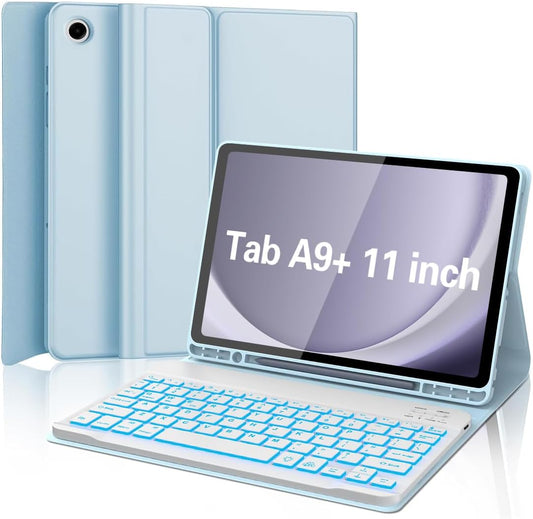 Keyboard Case for Samsung Galaxy Tab A9 Plus 5G 11 inch 2023 (SM-X210/X216/X218), 7 Color Backlit Detachable Keyboard Bluetooth, Smart Folio Cover with S Pen Holder for Galaxy Tab A9+ 11", Blue