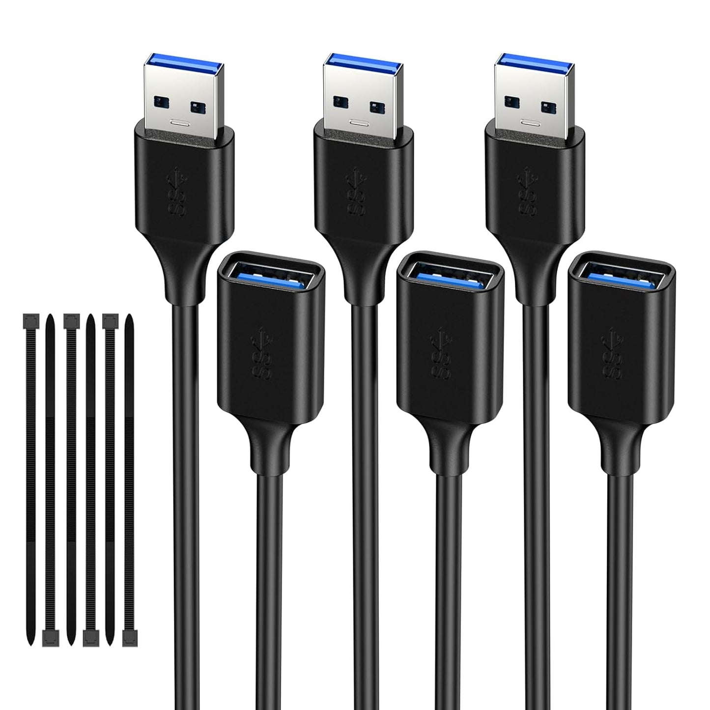 USB 3.0 Extension Cable - 1.6FT(3 Pack), USB A Male to Female, Compatible with Flash Drive, Hard Drive, Card Reader, Webcam, Printer, Keyboard, Mouse, Playstation, Xbox, VR Headset