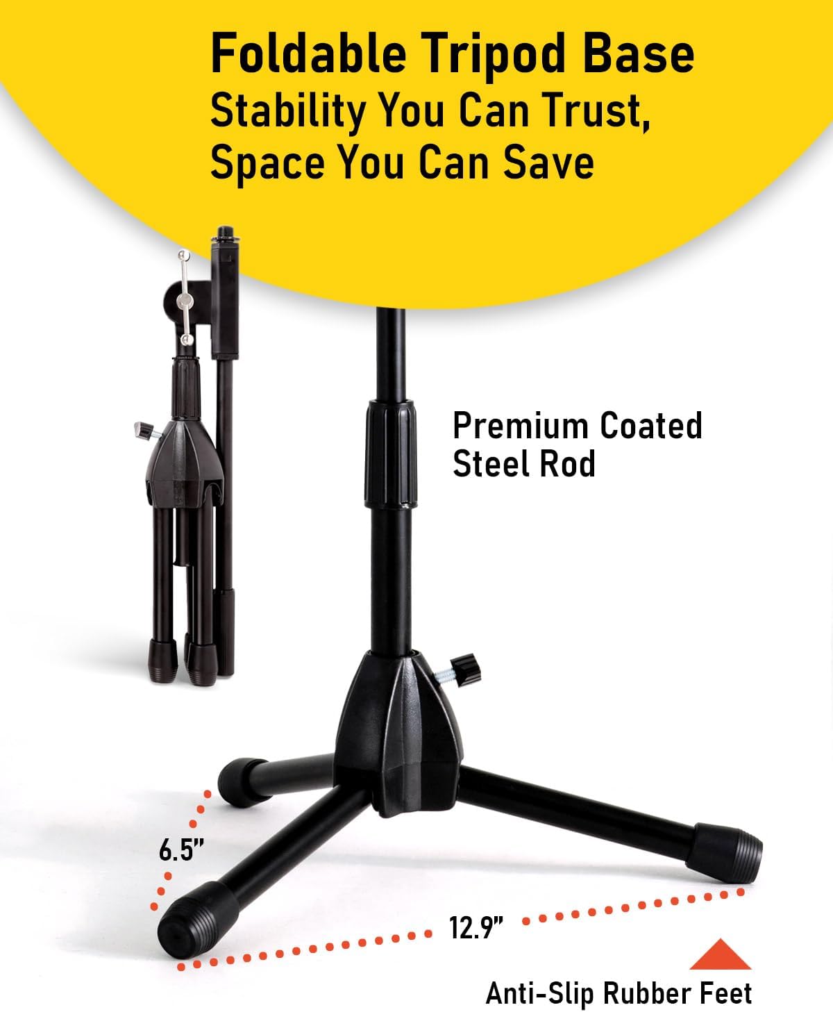 Stage Rocker Foldable Tripod Low-Profile Mic Boom Stand - Height Extending from 9.6'' to 16.9'', w/Adjustable Telescoping Arm Up to 9'', Lightweight/Convenient, Black, Powered by Hamilton(SR610121B)
