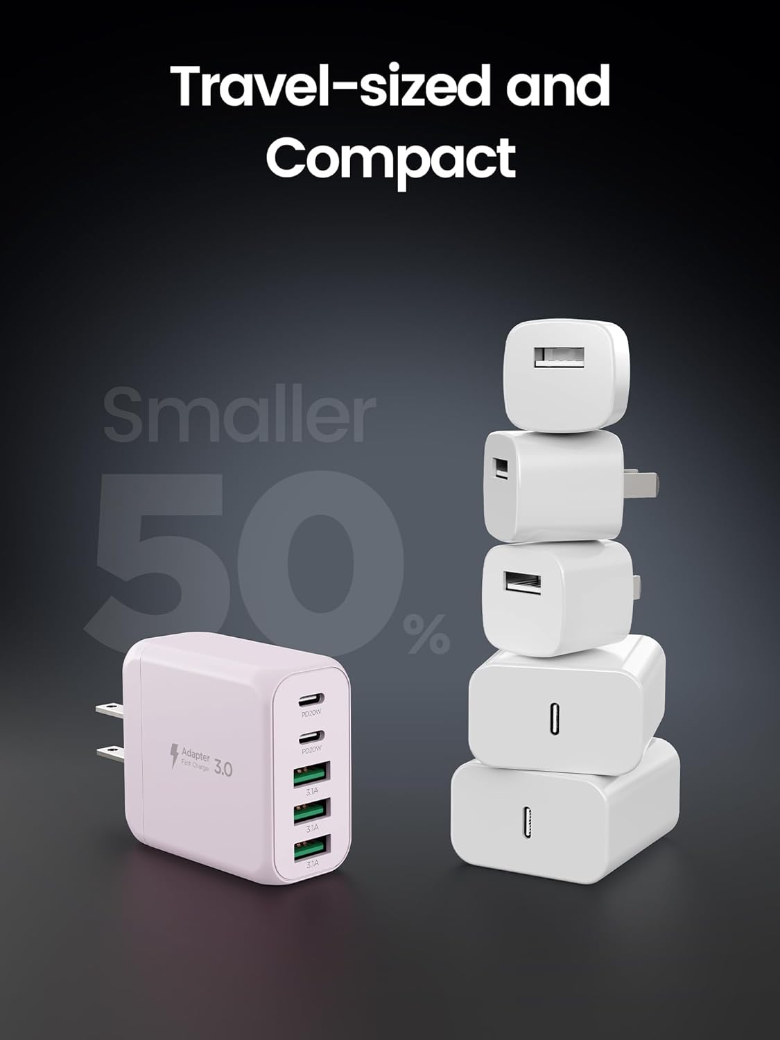2-Pack Type C Fast Charging, 50W 5-Port USB Wall Charger Cube for iPhone 16 15 14 13 12 11 Pro Max XS, iPad, Samsung & More - Pink