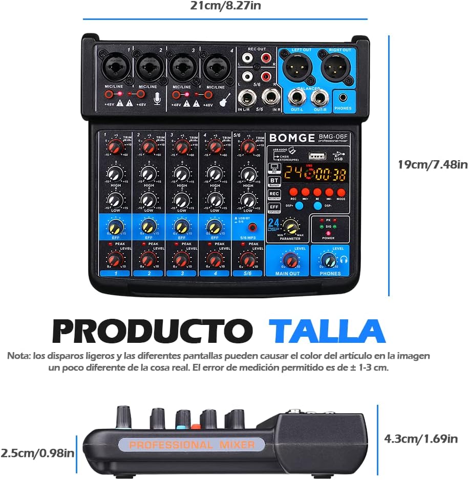 BOMGE 6 Channel mini DJ Audio sound mixer console with USB interface, Bluetooth, Stereo Recording, 48V Phantom Power, 24 DSP effects for karaoke, singing, live,streaming,pc recroding. (black)