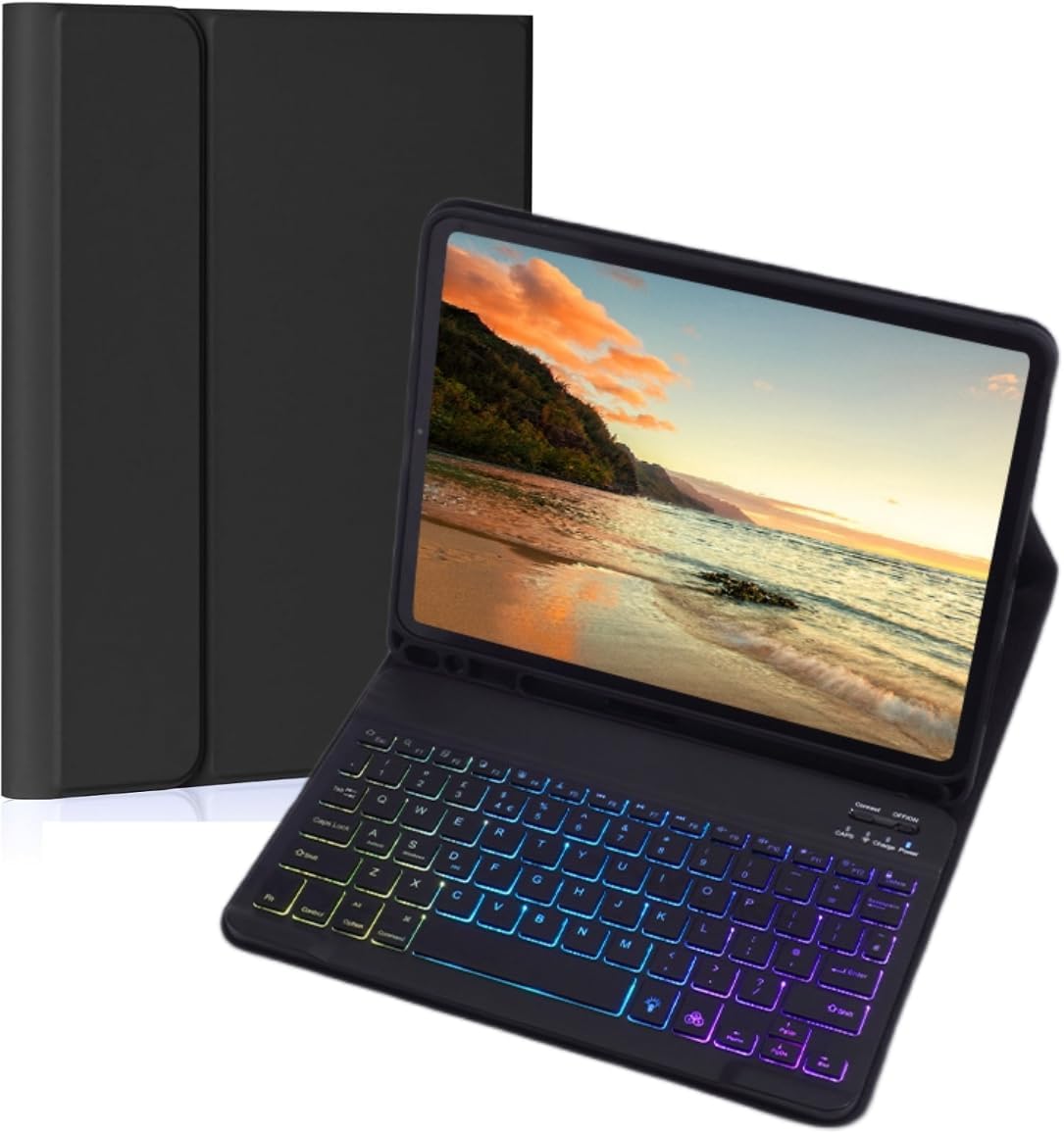 Keyboard Case for Galaxy Tab A8 10.5 Inch 2022, Slim Lightweight 7 Color Rainbow Backlight Detachable Magnetic Keyboard Cover with S Pen Holder,Black