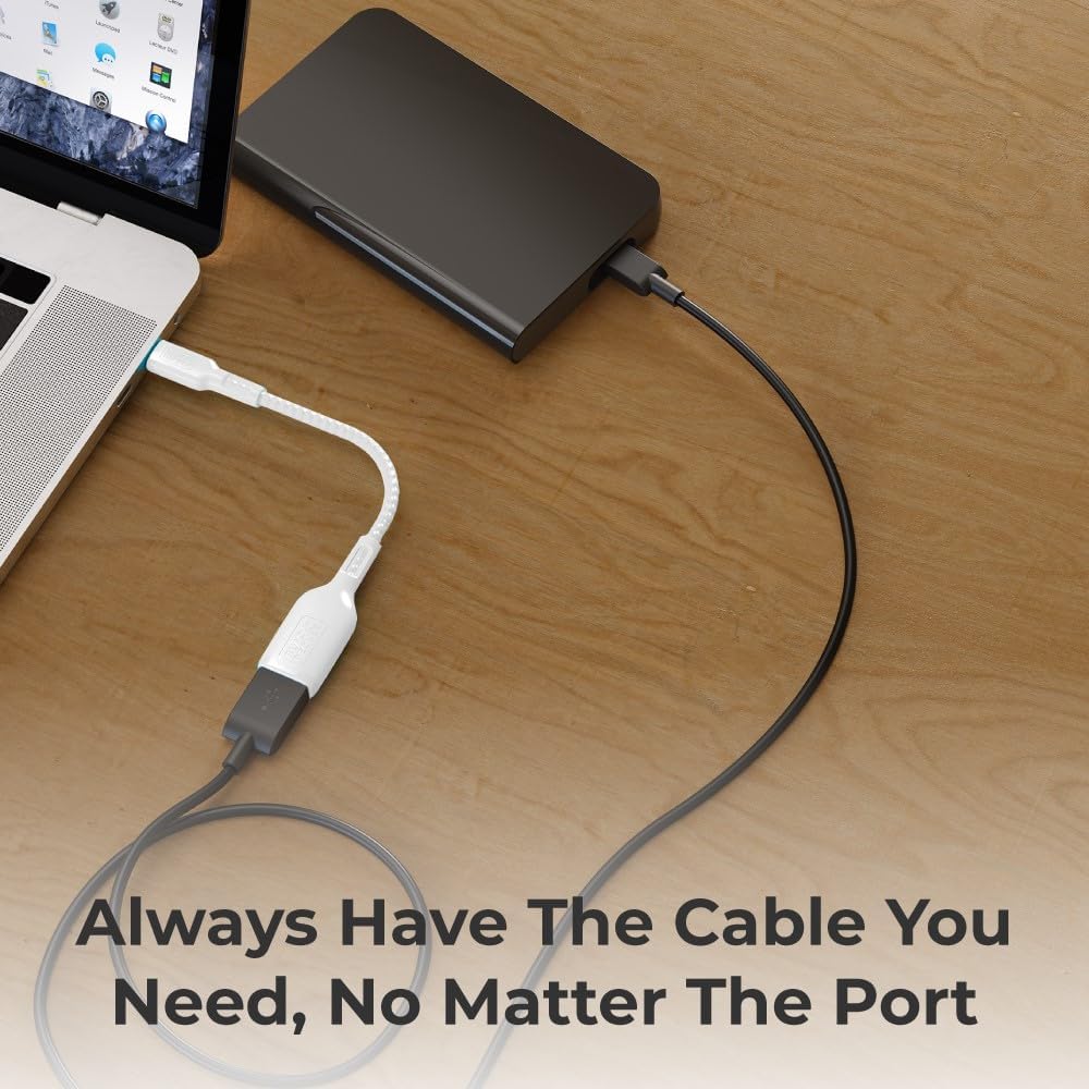 BLACK+DECKER USB C to USB A Adapter, USB C Male to USB Female Adapter Nylon Braid, Type C OTG Cable Compatible w/iPhone 16 15 Pro, MacBook Pro 2022/Air/Mini, iPad—2 Pack, 3" (White)