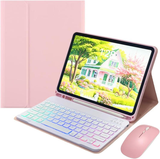 for iPad mini 5th Generation/iPad mini 4 Keyboard Case with Mouse and Rainbow Backlit Detachable Bluetooth Keyboard Cover,Pink