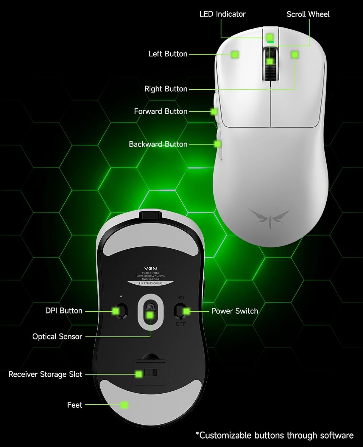 VGN F1 MOBA Wireless Gaming Mouse - Ultralight 55g - Wireless & Wired Mode - 26000 Adjustable DPI - 1000Hz Polling Rate - 200 Hours Battery - Programmable Buttons - Esports Professional Grade - USB-C