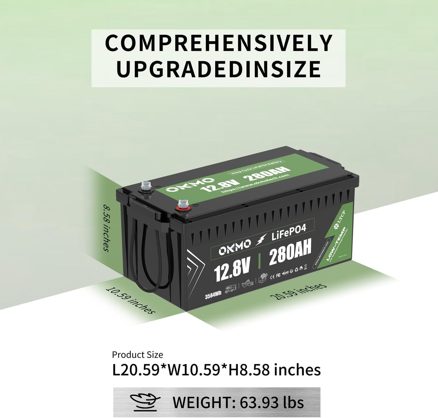 OKMO 12V 280Ah LiFePO4 Lithium Battery Built-in 150A BMS Low-Temp Protection for RV, Solar/Off-Grid Applications, Home Energy Storage, Marine