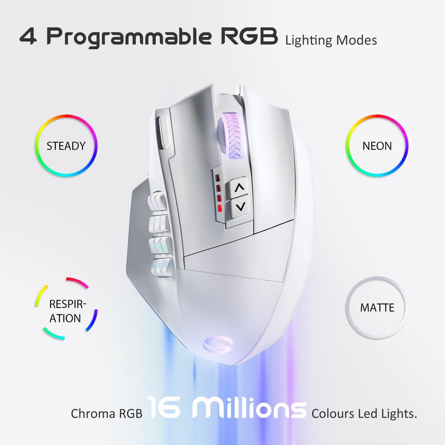 UtechSmart Venus Pro Wireless MMO Gaming Mouse, 16,000 DPI Optical Sensor, 2.4 GHz Transmission Technology, Ergonomic Design, 16M Chroma RGB Lighting, 16 Programmable Buttons, Up to 70H
