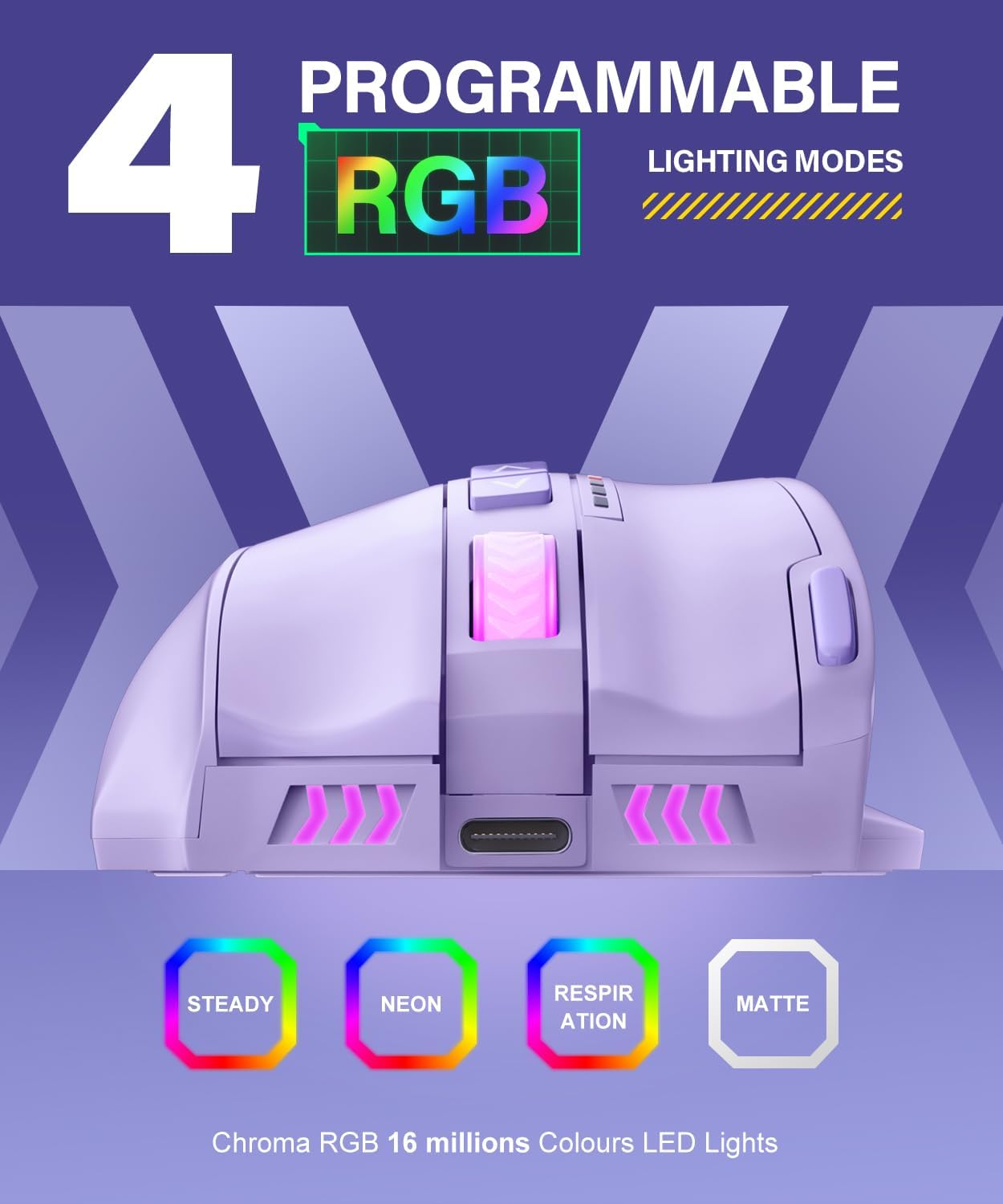 UtechSmart Venus Pro Wireless MMO Gaming Mouse, 16,000 DPI Optical Sensor, Wired/Wireless Dual Modes, 16M Chroma RGB Lighting, 16 Programmable Buttons, Ergonomic Design, Up to 70H, Purple