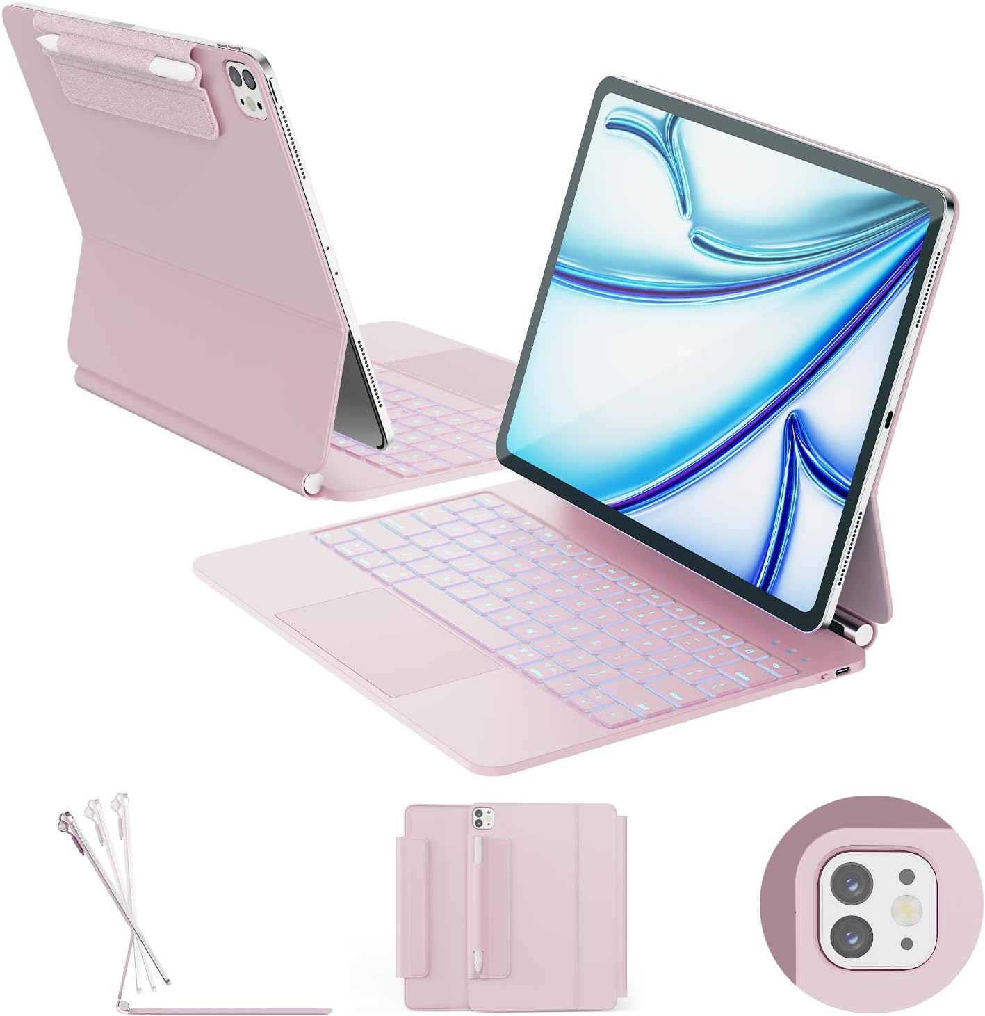 for iPad Air 13 inch Case with Keyboard (M3,2025 / M2,2024), iPad Pro 12.9 (6th/5th/4th/3rd Gen) Magic Keyboard, Springy Backlit Keys, Stain-Resistant Surface, Multi-Touch Trackpad, Pink
