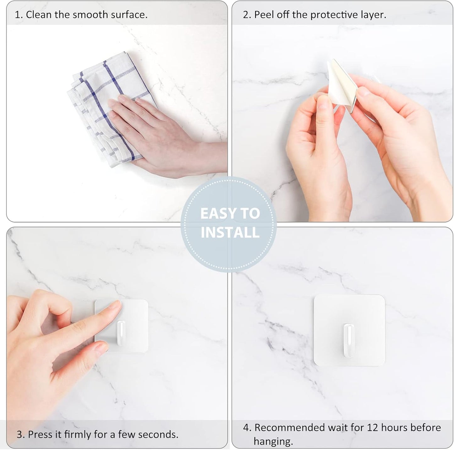 VIS'V Adhesive Hooks, Metal Shower Wall Stick on Hooks, Waterproof, 2 Extra Adhesive Strips, White, 4 Pcs