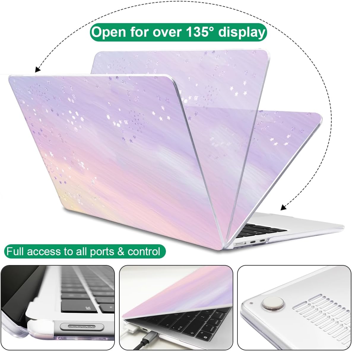 for 2025 M4 MacBook Air 13.6 Inch Case A3240 Fits 2022 2023 A2681 M2 2024 A3113 M3 Chip with Liquid Retina Display, Printed Plastic Hard Shell Cover for Mac Air 13.6", Pink Purple Gradient