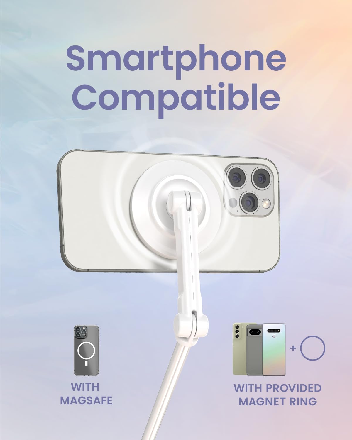 KraftGeek Magnetic Phone Tripod for iPhone MagSafe – 66'' Automatic Selfie Stick with Remote, Portable Tripod Stand for Video Recording, Travel, Vlogging (White)