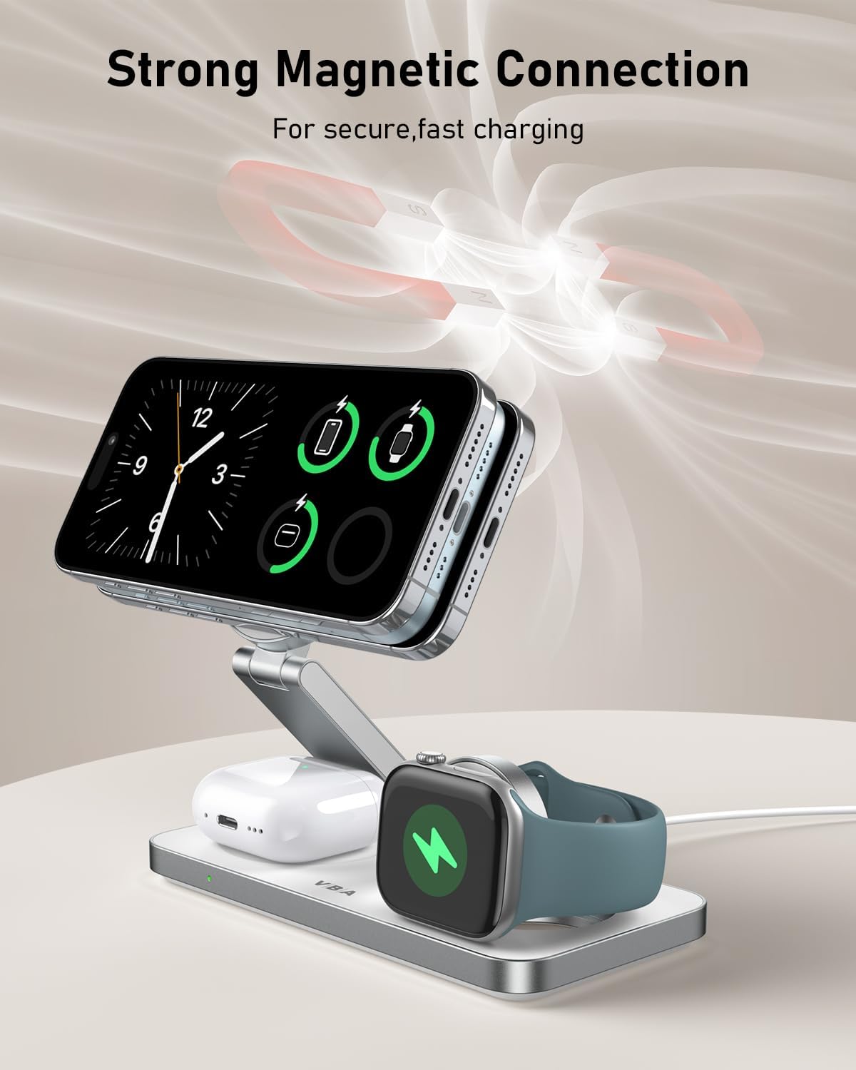 VBA 3 in 1 Wireless Charging Station for Apple MagSafe Charger,Foldable Fast Charging Magnetic Wireless Charger Stand,Travel Charger for iPhone 16 15 14 13 12,Apple Watch,AirPods Pro(White)