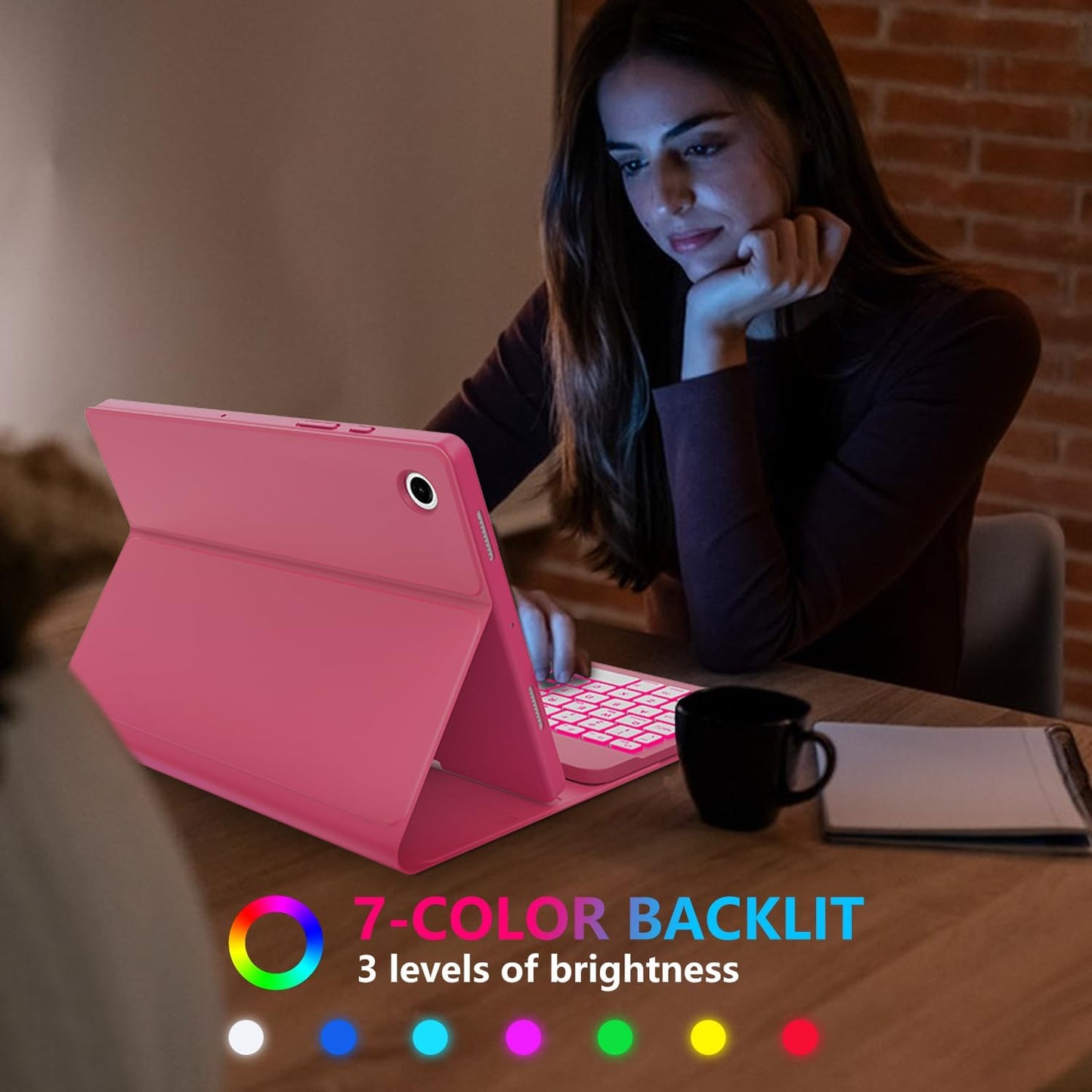 Keyboard Case for Samsung Galaxy Tab A9 Plus 5G 11 inch 2023 (SM-X210/X216/X218), 7 Color Backlit Detachable Keyboard Bluetooth, Smart Folio Cover with S Pen Holder for Galaxy Tab A9+ 11"(Dark Pink)
