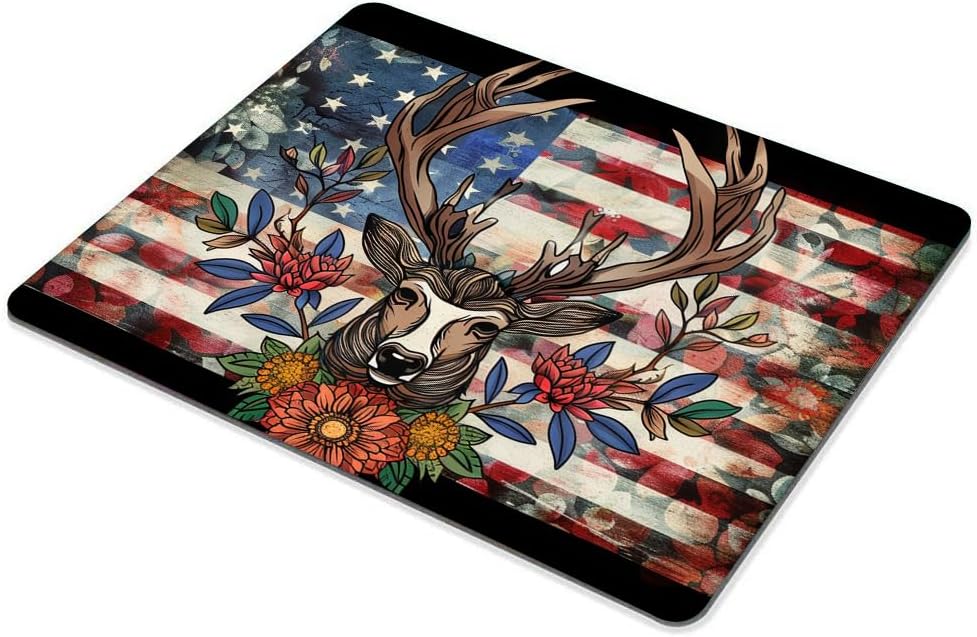 Square Mouse Pad Majestic Deer Wreath and National Flag-3,Gaming Mouse Pads for Desk,Soft Computer Waterproof Non-Slip Mouse Mat