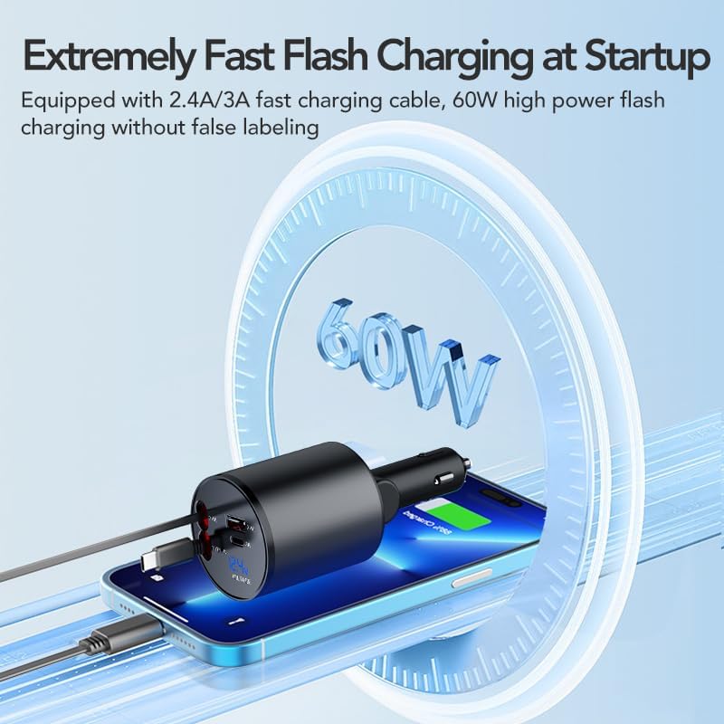 Retractable Car Charger, 4 in 1 Super Fast Car Phone Charger 60W, 2 Retractable Cables and 2 USB Ports Car Charging Adapter,Compatible with iPhone 16/15/14/13/12/11,Air-Pods 4,Galaxy,Pixel