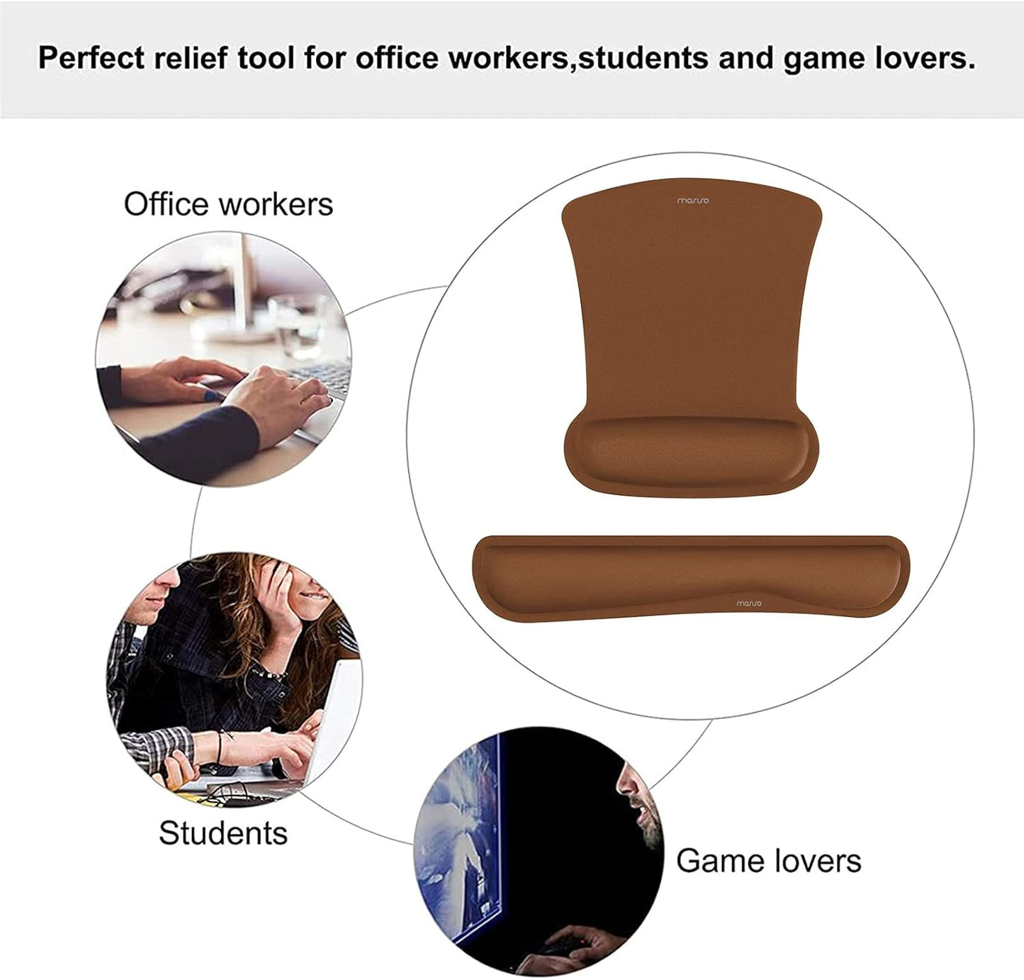 MOSISO Wrist Rest Support for Mouse Pad & Keyboard Set, Ergonomic Mousepad Non-Slip Base Home/Office Pain Relief & Easy Typing Cushion with Neoprene Cloth & Raised Memory Foam, Brown