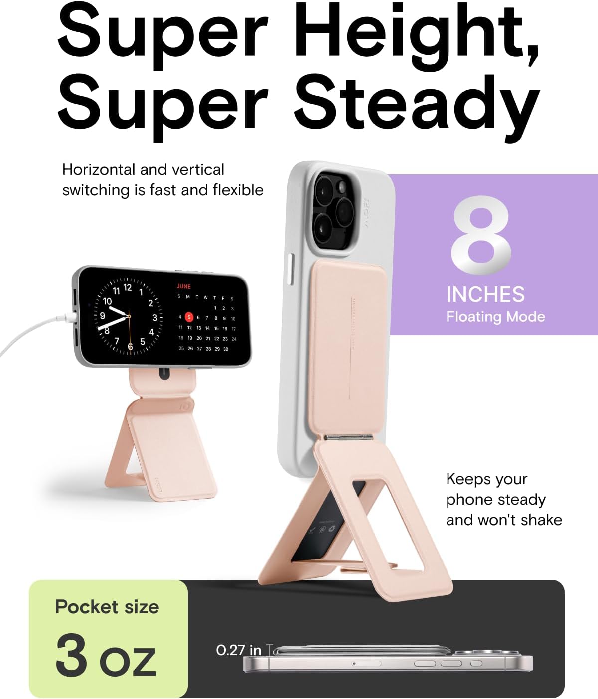 MOFT Phone Tripod Stand Selfie Stick for iPhone, Multi-Angles iPhone Stand, Lightweight & Portable Phone Holder, Strong Magnets, MOVAS Vegan Leather, Travel Essentials, Peach Pink (Without Card Slot)