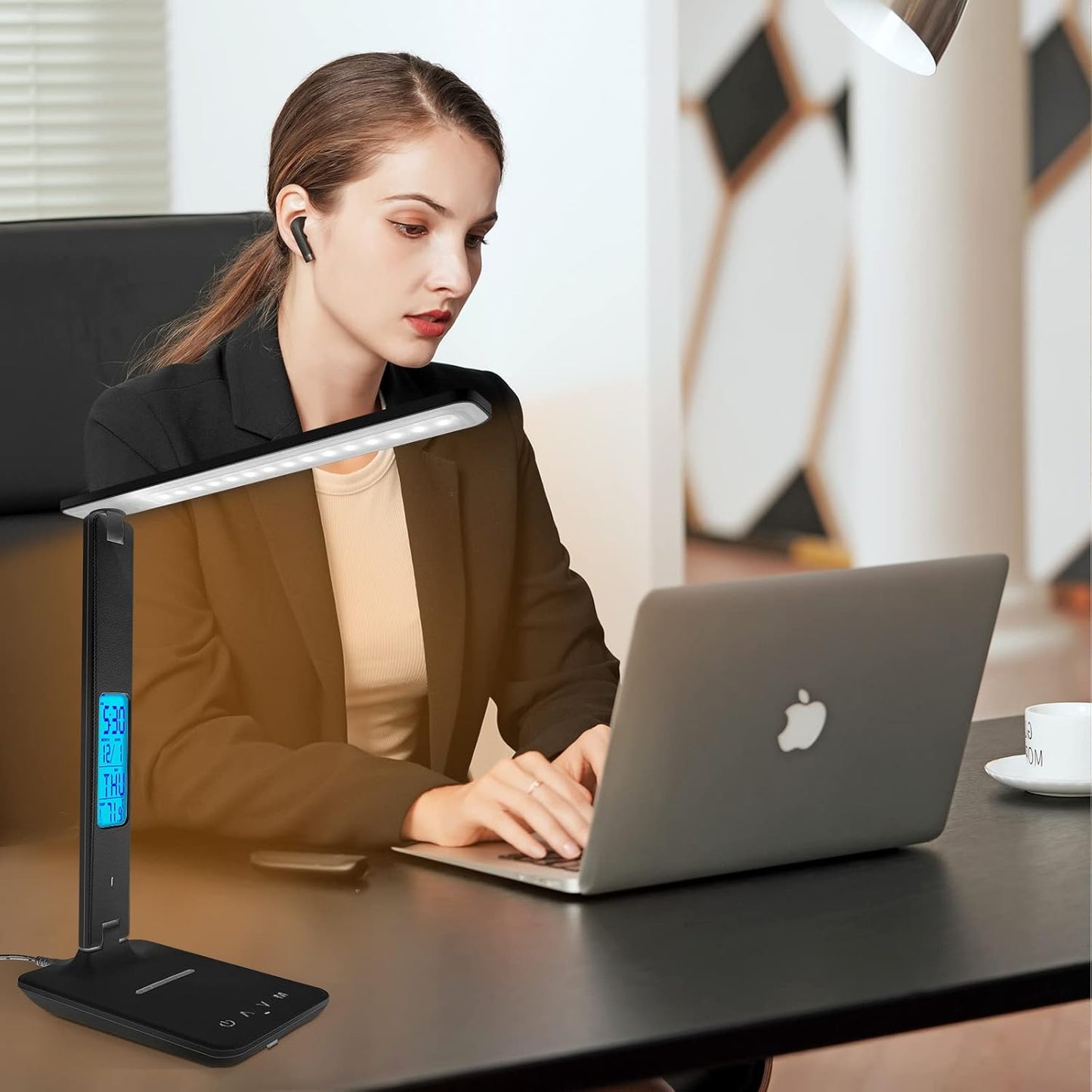Desk Lamp with Wireless Charger,USB Charging Port, Dimmable Office Desk Light with Clock, Alarm, Date, Temperature, Foldable Lamp for Table Bedroom Bedside Office (Black, Standard Size-13.3 inch)