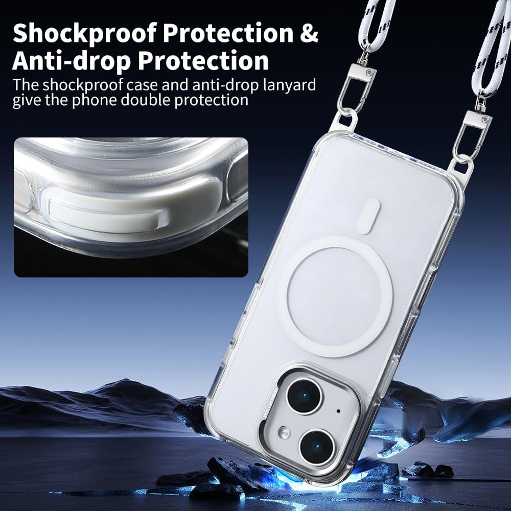 for iPhone 13/14 Case with 62.99 inch Lanyard, Classic Clear&White Magnetic Phone Case, Drop&Shockproof Protection Cases, Phone Lanyard for Around The Neck, Compatible with Magnet Accessory
