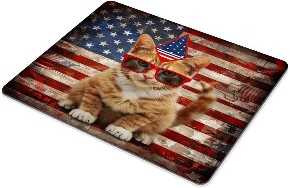 Square Mouse Pad Cat with Patriotic Hat and Glasses Flag-1,Gaming Mouse Pads for Desk,Soft Computer Waterproof Non-Slip Mouse Mat