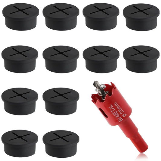 1 Inch(25mm) Desk Grommet, 13 Pieces Wire Grommet, Desk Hole Cover for Cables with Hole Saw,Plastic Cable Cord Wire Hole Cover for Desk, Table,Cabinet,Countertop and Other Furniture(Black)