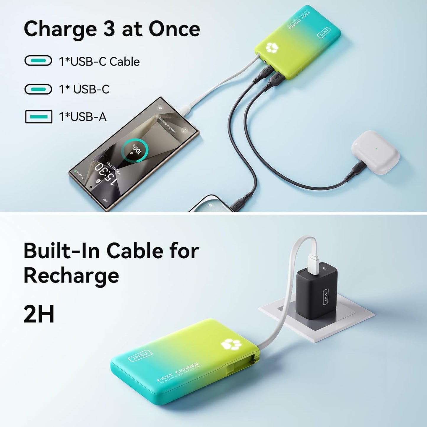 INIU PawGo Portable Charger, 45W PD 10000mAh Fast Charging Slim Power Bank, Built-in USB C Cable Battery Pack, Travel Essentials Powerbank for iPhone 16/15 Pro Max, Samsung S25/S24 etc, Tropic Punch