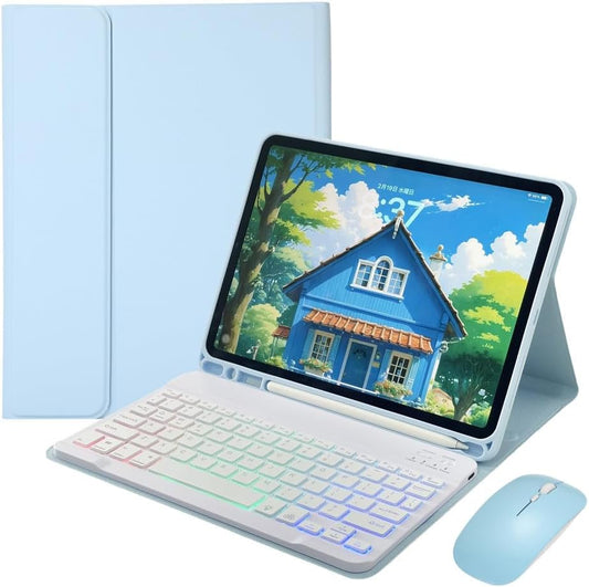 Keyboard Case for iPad Air 11-inch M3/M2 (2025/2024)/ Air 5th 4th Generation 10.9" with Mouse and Rainbow Backlit Magnetic Detachable Bluetooth Keyboard Cover,Light Llue