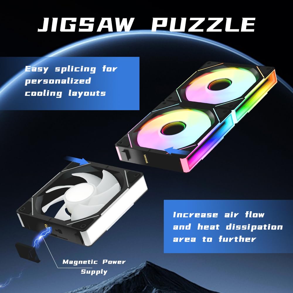 Jungle Leopard Interstellar V1 120mm Case Fan, Infinity Mirror Module Daisy-Chain 5V ARGB PWM PC Fan Triple Pack Suitable for Computer Case & CPU Cooling(Black-3 Pack)