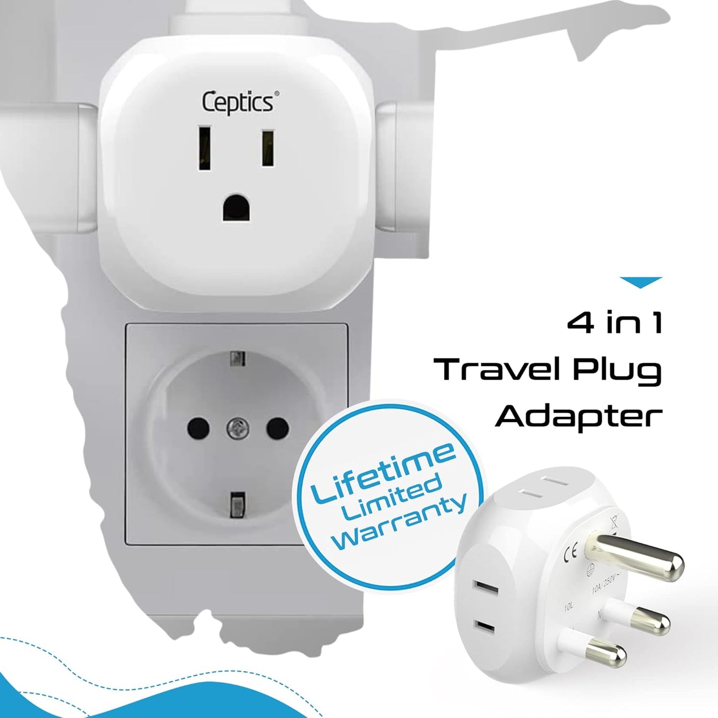 Ceptics South Africa Travel Plug Adapter South Africa Power Adapter Charger 4 Input - USA to Any Type M Countries Such as Botswana, Namibia and More - 2 Pack (PT-10L), White (PT-10L-2PK)