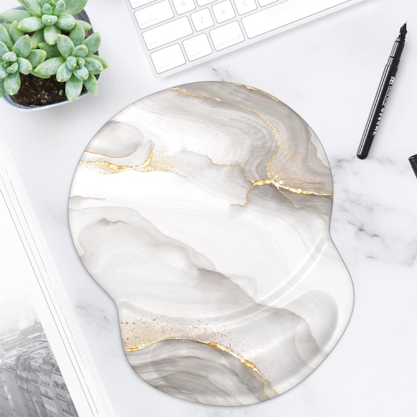 ITNRSIIET Ergonomic Mouse Pad with Gel Wrist Support Small Wrist Rest Smooth Surface Non-Slip PU Base Comfortable Office Supplies Pain Relief, 8.7 x 7.2 inches, White marbling