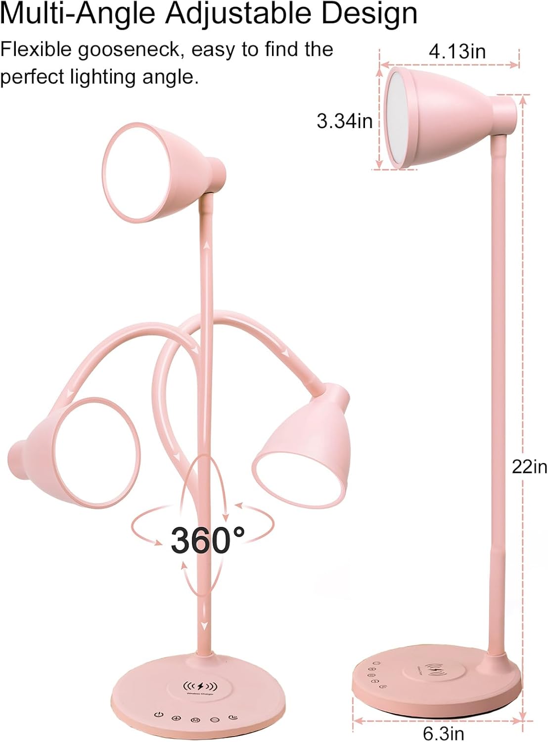 BOHON Cute Desk Lamp with USB C+A Charging Ports, Wireless Charger Pink Lamp, 5 Colors Stepless Dimming Reading Light, Touch Bedside Table Lamp, LED Desk Light for Home Office College Dorm Room Pink