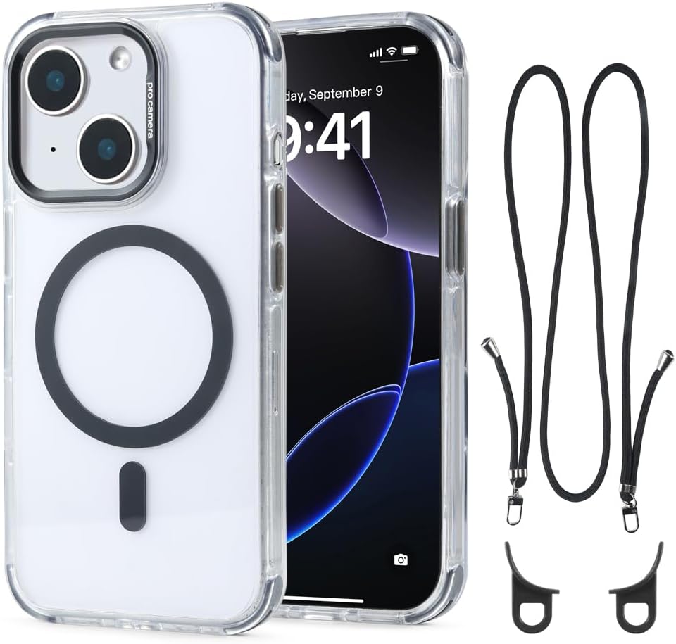 for iPhone 13/14 Case with 62.99 inch Lanyard, Classic Clear&Black Magnetic Phone Case, Drop&Shockproof Protection Cases, Phone Lanyard for Around The Neck, Compatible with Magnet Accessory