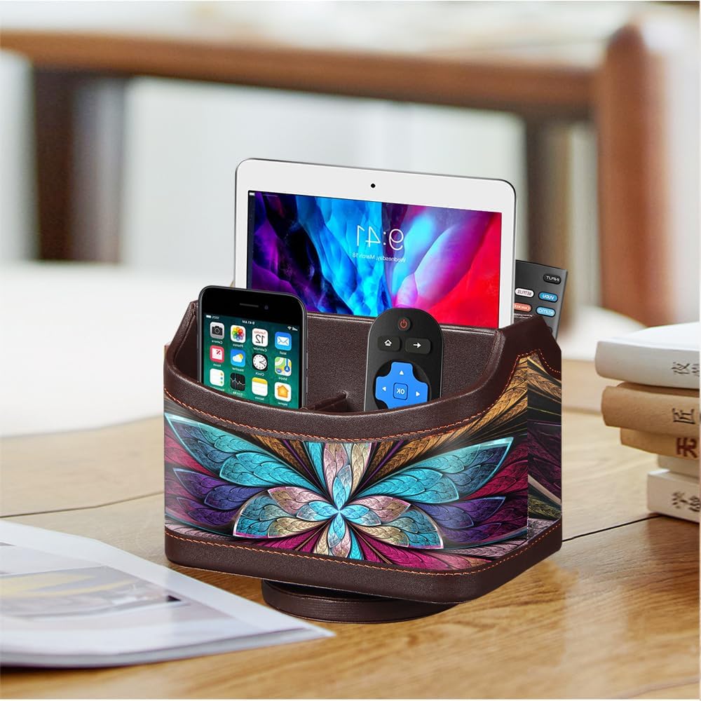 Fanousy 360° Rotating Remote Control Holder, PU Leather TV Remote Caddy Organizer Basket Storage Box with 5 Compartments for Pen, Pencil, Art Supplies, Makeup Brush, Office Desk Table Accessories