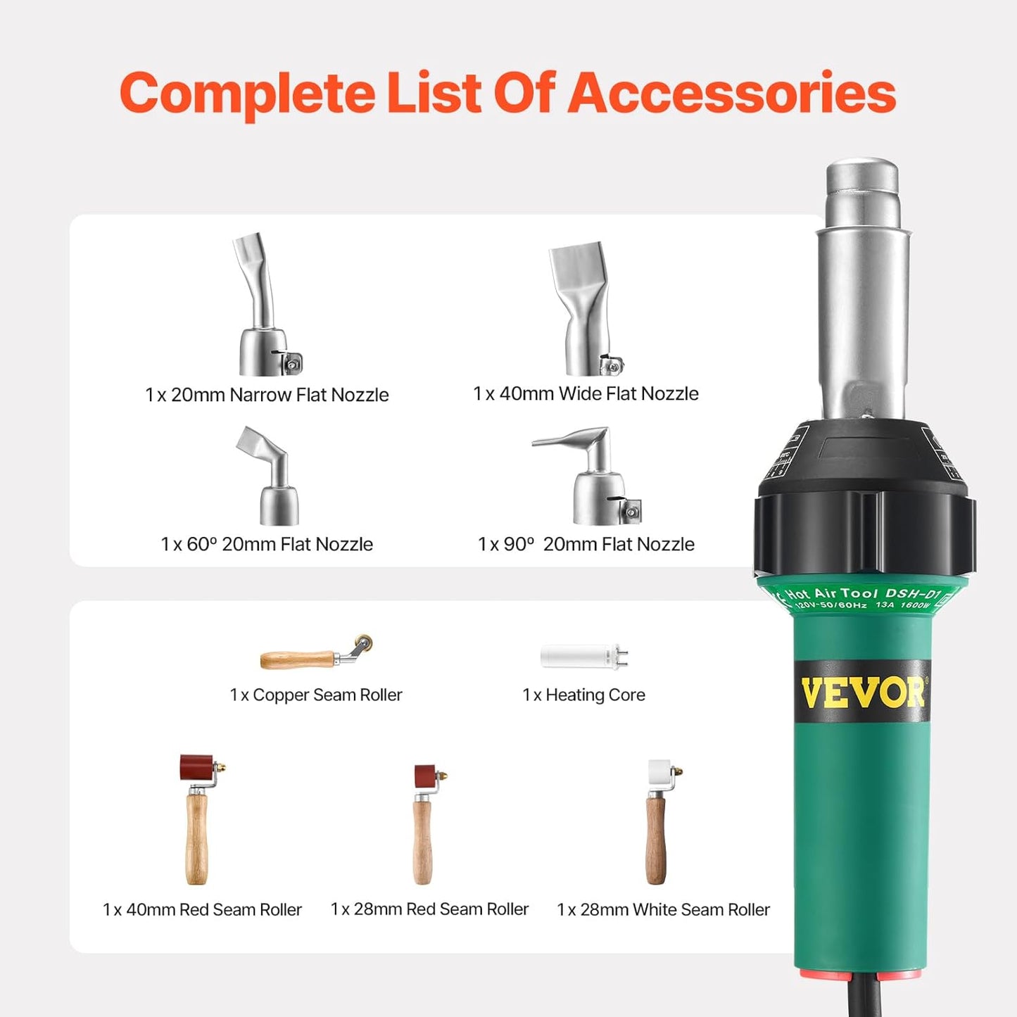 VEVOR Hot Air Plastic Welder, 1600W Hot Air Torch Pistol, 122-1112℉ PVC TPO Vinyl Heat Gun Welding Torch, Plastic Roofing Welding Kit with 9 Accessories- 4 Nozzles & 4 Seam Rollers for PP/PE/PVC Sheet