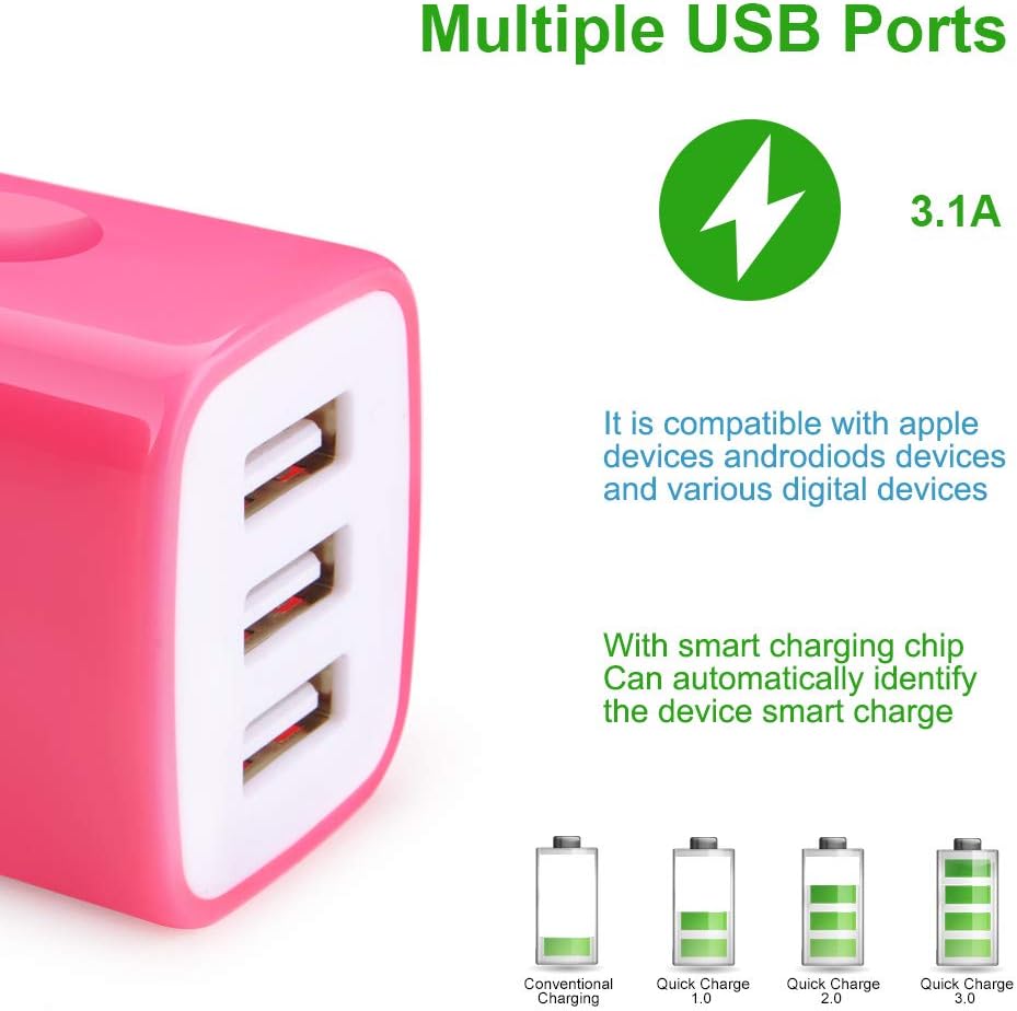 Wall Charger Adapter,USB Cubes,3Pack Universal Travel 3.1A 3 Muti Port Plug Charging Block Compatible with iPhone 16,15,14,13,12,11,SE,X,Plus,Samsung GalaxyS24,S23,S22,S21,S20 Plus,LG