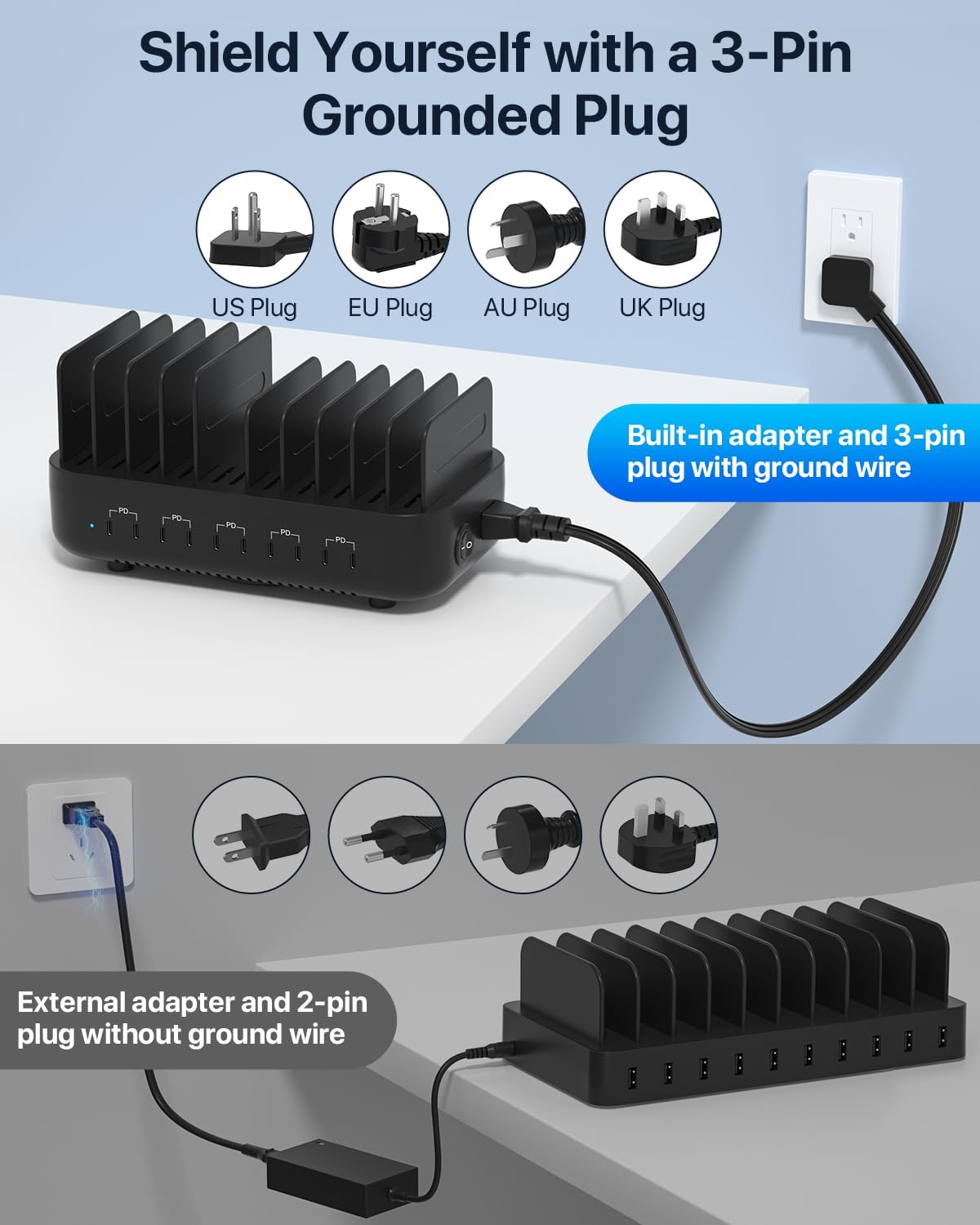SooPii USB Charging Station,100W Fast Charging Station for Multiple Devices with 10pcs USB C Cables, 10-Port Type C Phone Charger Station Organizer Compatible with lPad,Tablet,Kindle and More(Black)