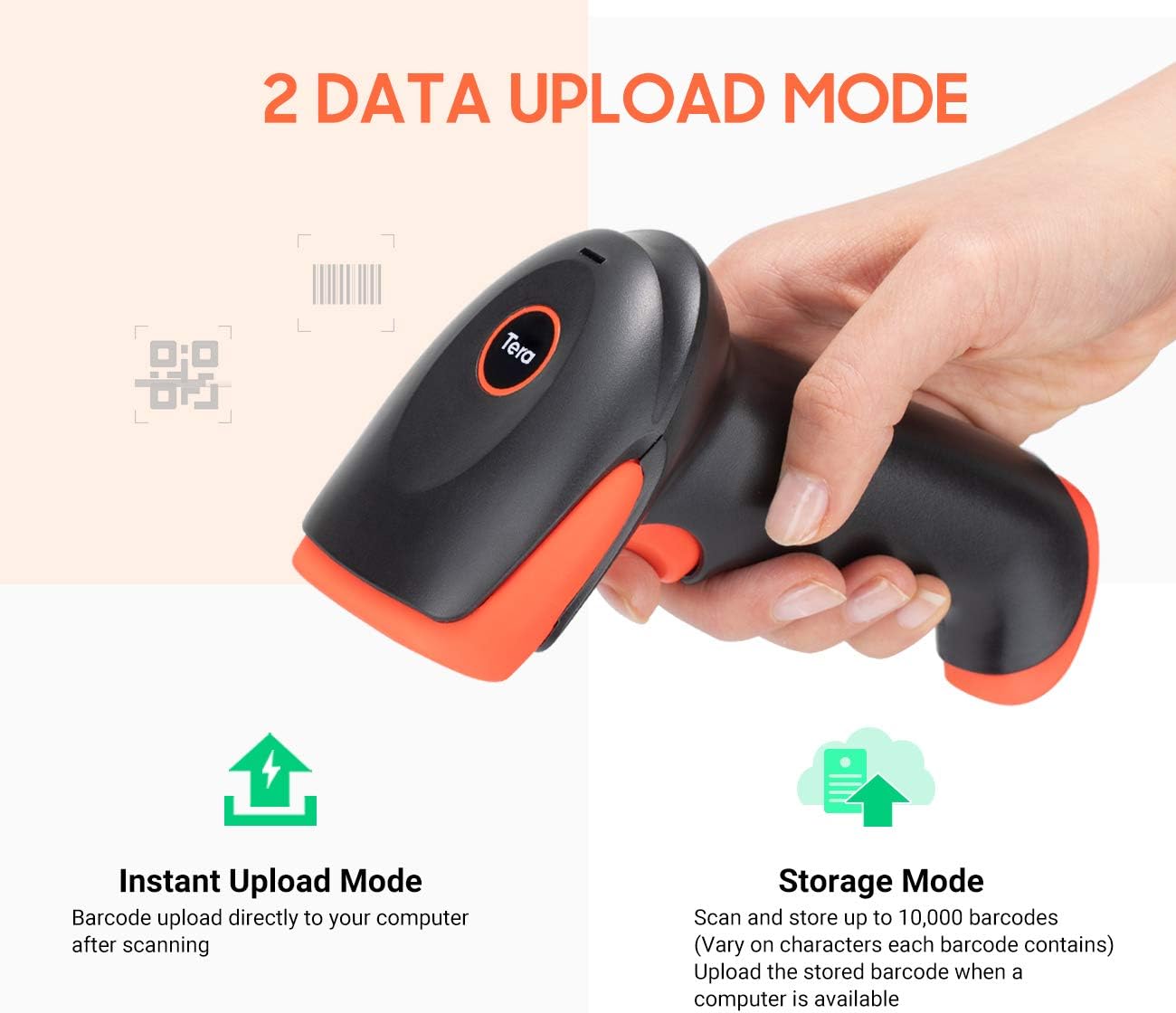 Tera Pro Wireless 2D QR Barcode Scanner 3 in 1 Bluetooth & 2.4GHz Wireless & USB Wired Connection Connect Smart Phone Tablet PC Image Bar Code Reader with Vibration Alert Model HW0002-O