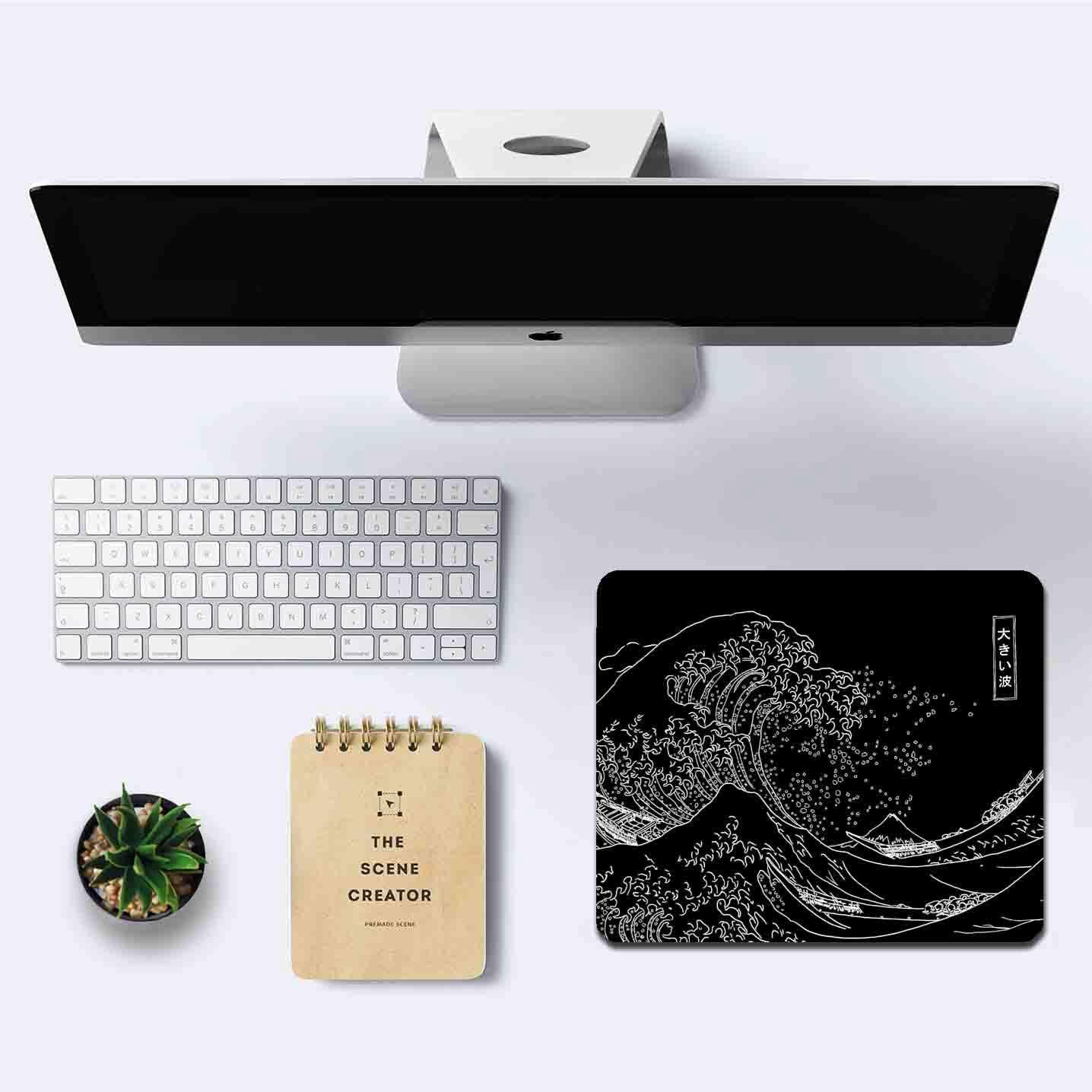 IMAYONDIA Japanese Great Wave Mouse Pad, Black Anime Gaming Mouse Pad, Kanagawa Mousepad, Non-Slip Rubber Base Computer Mice Pad for School Home Office, 9.5 x 7.9 Inch